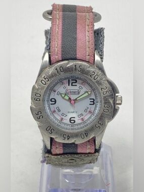Coleman quartz watch features a pink and gray nylon band
